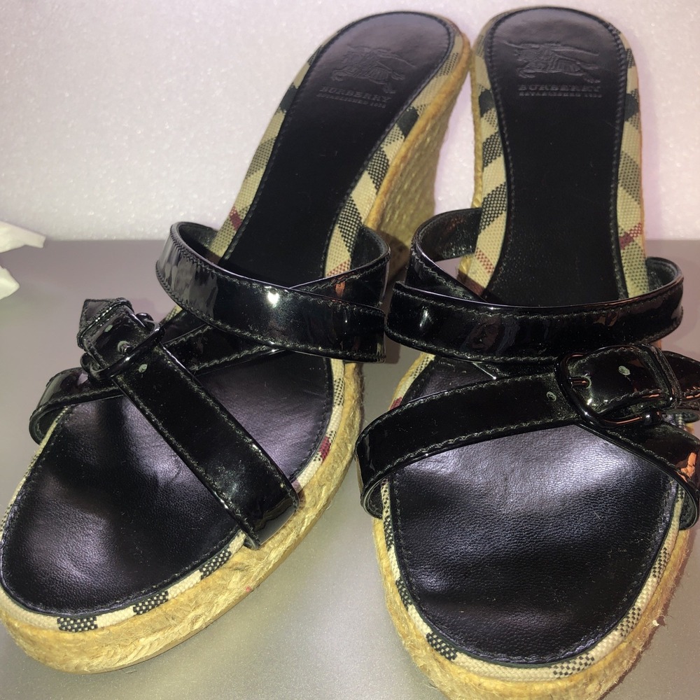 Burberry Black Patent Leather Espadrille Wedge Sandals with Check Trim
